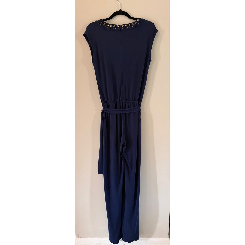 Michael Kors Navy Blue Studded Neck Wide Leg Jumpsuit Gold Hardware Sleeveless - Picture 7 of 8